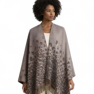 Mixit Cheetah Print Cape Poncho OS Brown Black Fringe Wrap Cozy Luxe